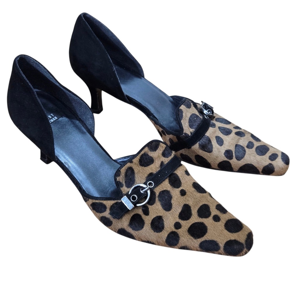 Stuart Weitzman Pumps Sz 7.5 Leopard Calf Hair Suede Kitten Heel D'Orsay Buckle
